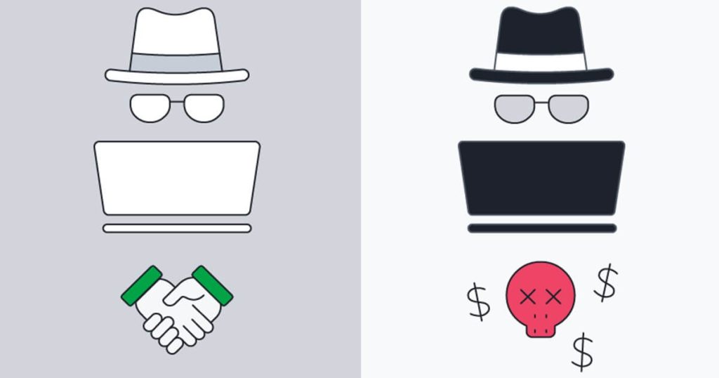 Difference between white hat and black hat hackers in cybersecurity