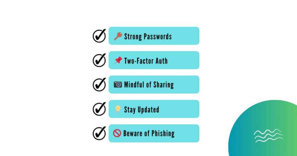 Social media security tips including account protection and data privacy settings