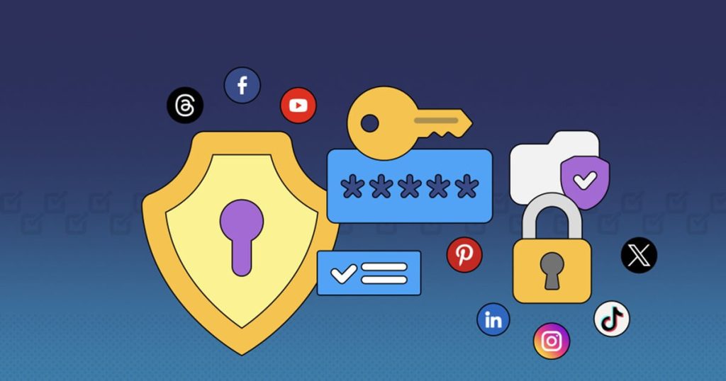 Cybersecurity concept showing protection of social media accounts from hackers